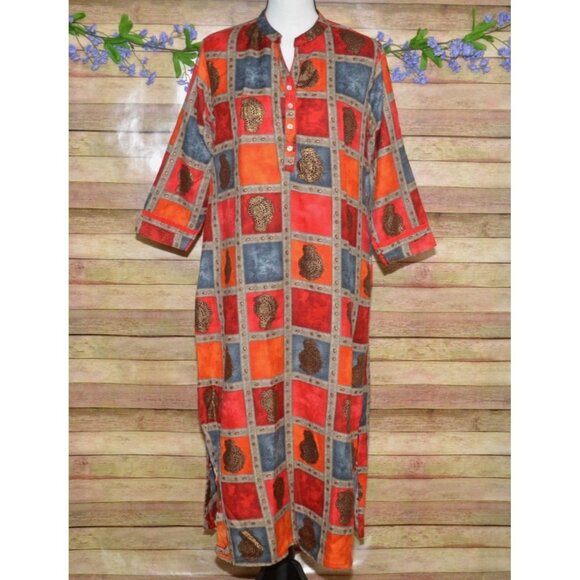 Panchi Indian Pakistani Kurta Tunic Dress 3/4 Sleeve Size M Color Block Flannel - Picture 1 of 11
